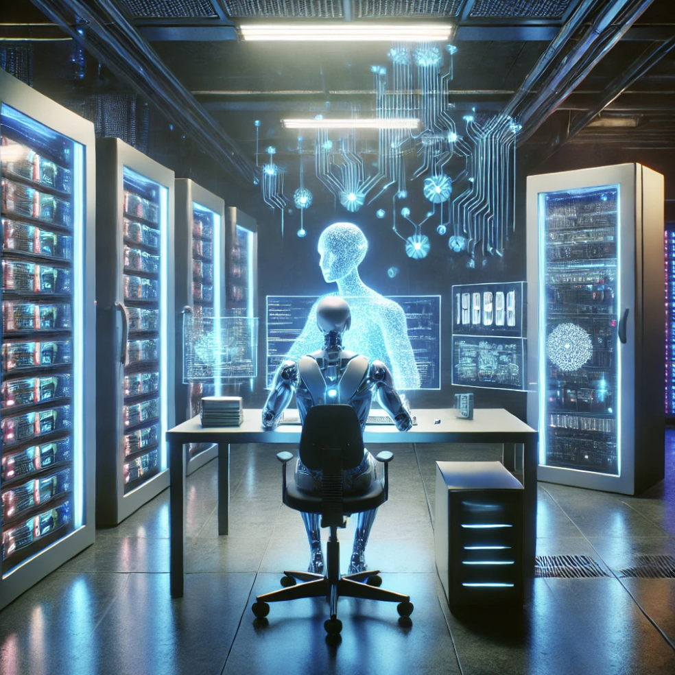 A futuristic garage with glowing computer servers and high-powered GPUs. A humanoid AI figure, appearing as a sleek robot or holographic entity, sits at a workstation surrounded by floating holographic data screens. The AI is analyzing streams of digital information, representing machine learning. The environment is illuminated with cool blue lighting, creating a high-tech ambiance, with subtle warm lighting hinting at solar power energy. Neural network-style visuals float in the background, symbolizing AI processing and knowledge acquisition.